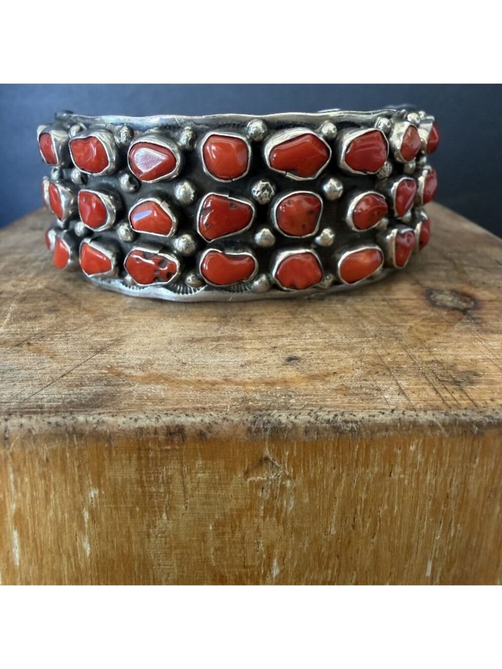 Vintage Navajo Sterling Silver & Coral Cabochon Cluster Cuff Bracelet Signed DM